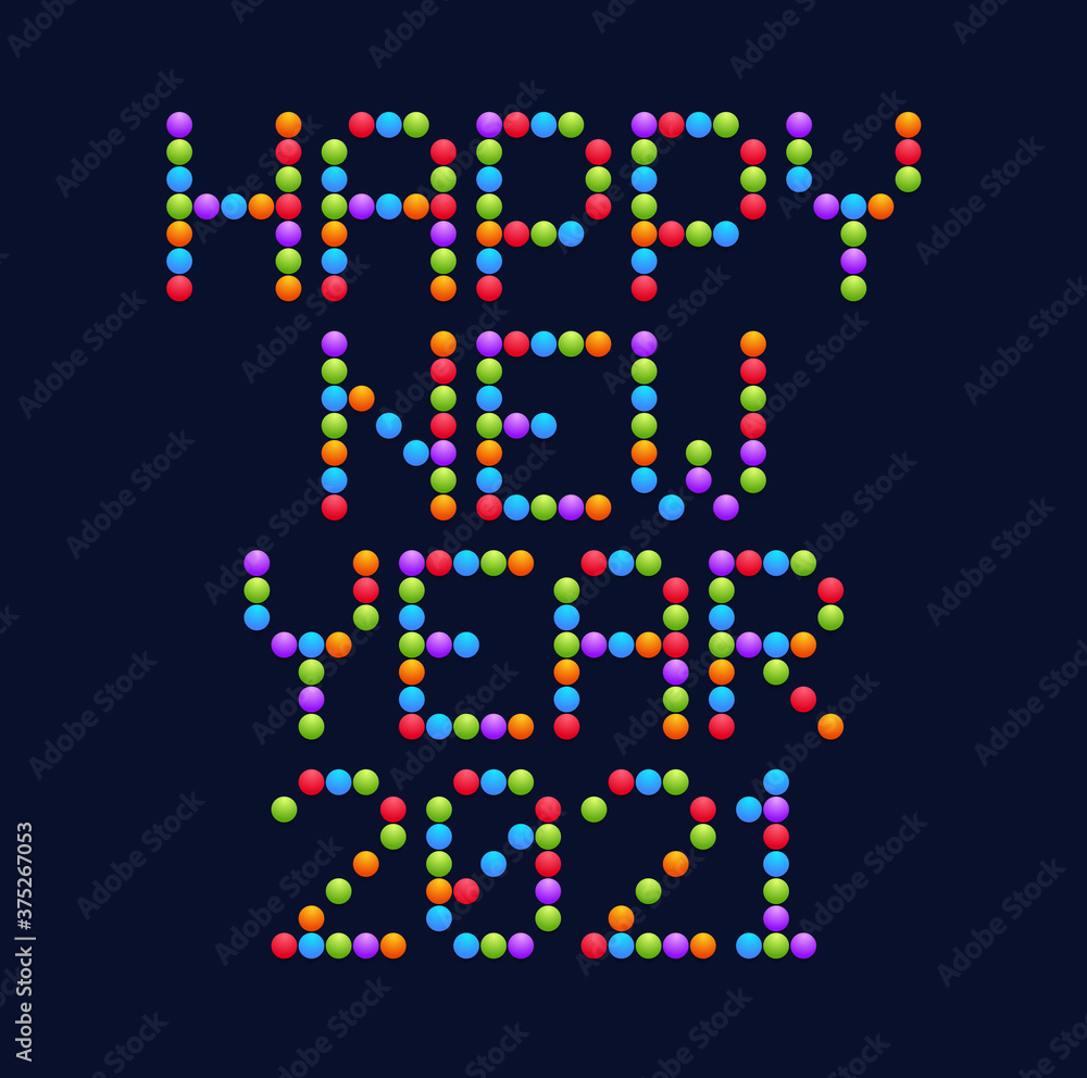 Happy New Year 2021 Vector Circle Art typography. Holidays greeting card illustration. Letters from circle and dots. Geometric New year Posters like electronic scoreboard.