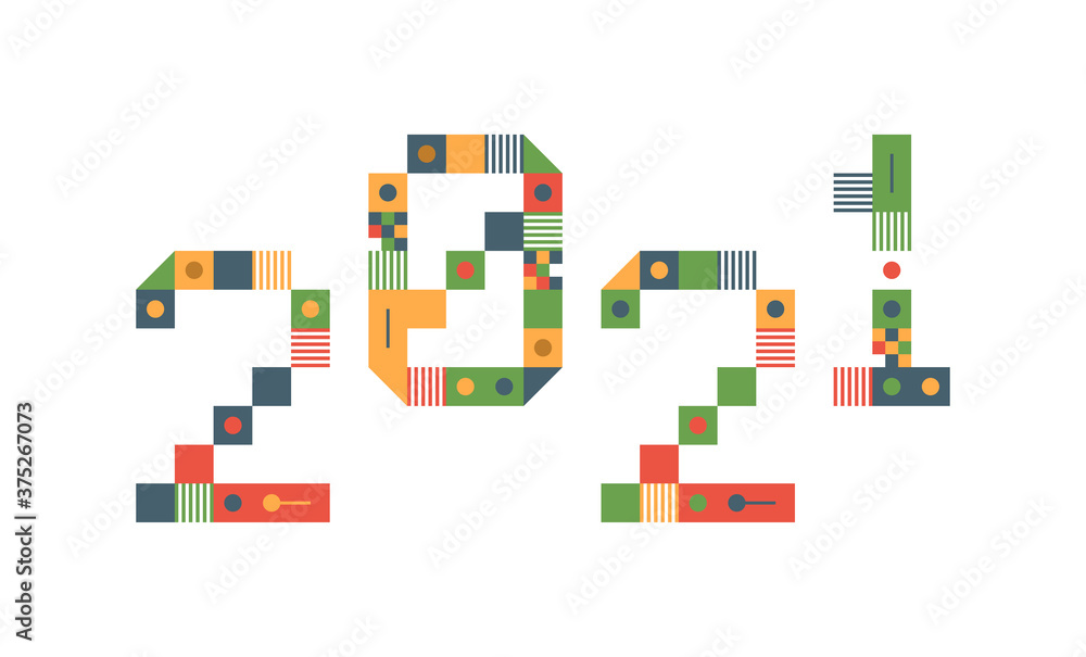 Happy New Year 2021 Vector Pixel Art typography. Holidays greeting card illustration. Letters from Strips, squares and dots. Geometric New year Posters like electronic scoreboard.