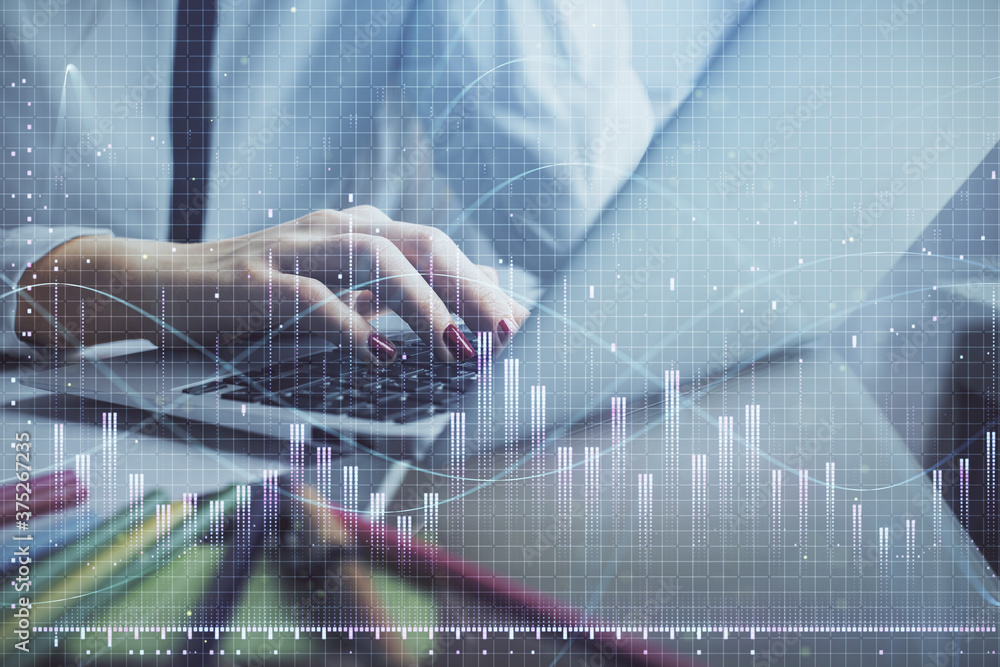 Double exposure of woman hands typing on computer and financial graph hologram drawing. Stock market analysis concept. Double exposure of woman hands typing on computer and financial graph hologram drawing. Stock market analysis concept.