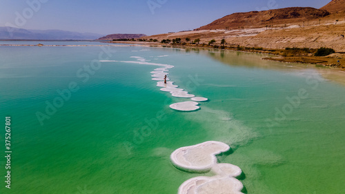 Aerial footage of Round shaped Salt deposits in the heart of the Dead Sea