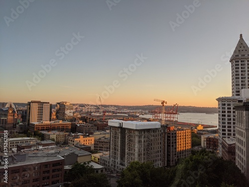 sunset over the port of Seattle