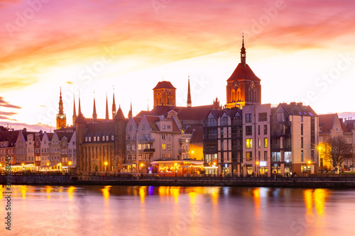 Old Town of Gdansk, Dlugie Pobrzeze, Bazylika Mariacka or St Mary Church, City hall and Motlawa River at sunset, Poland