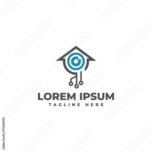 Lens with house and optical cable for technology security logo icon design