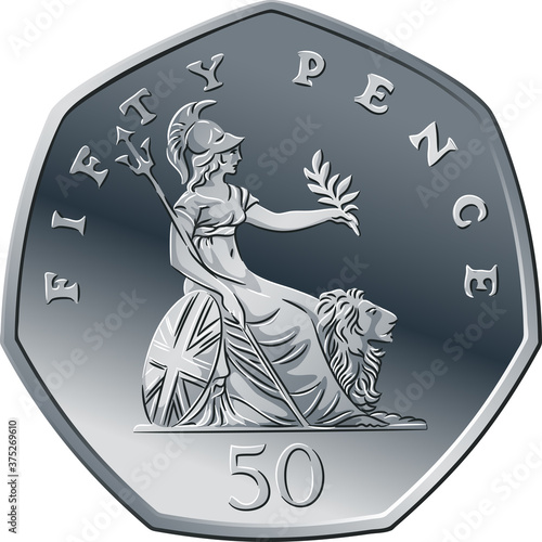 Vector British money silver coin fifty pee or pence, reverse with seated Britannia alongside lion, with olive branch and trident