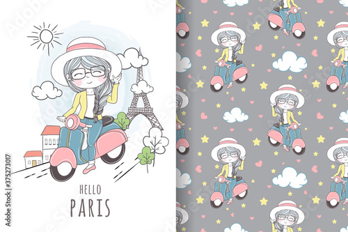 cute girl ridding scooter in paris seamless pattern