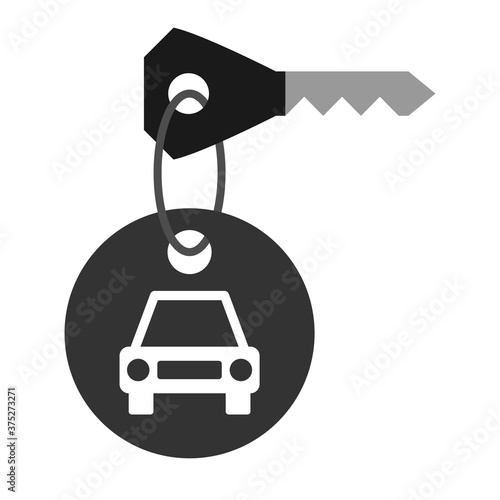Car key with keychain icon, key ring with car tag, black isolated on white background, vector illustration.