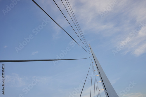 Architectural details of the Sundial Bridge at Turtle Bay in Redding, California, at dusk.