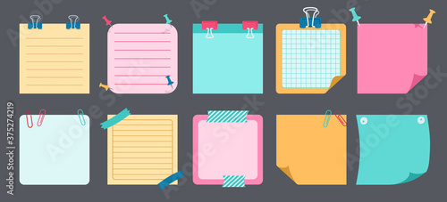 Paper sticky note flat set. Blank notes with elements of planning. Notebook collection with curled corners, push pins. Various tag business office, writing reminds. Isolated vector illustration