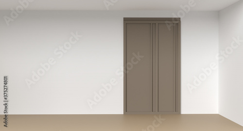 Interior empty room with wood door and brown floor in 3d rendering.
