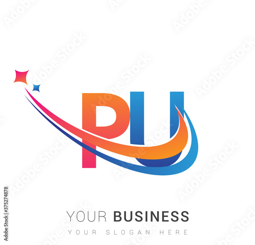 initial letter PU logotype company name colored orange, red and blue swoosh star design. vector logo for business and company identity.