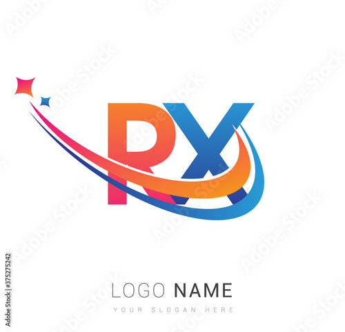 initial letter RX logotype company name colored orange, red and blue swoosh star design. vector logo for business and company identity.