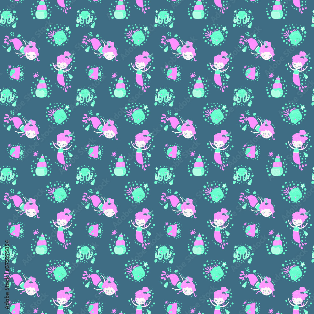 Seamless pattern of little cute smiling cartoon mermaid girls, octopuses, fish, seashells, starfishes and bubbles on a dark background in the Scandinavian style. For kids and toddler designs. Vector. Seamless pattern of little cute smiling cartoon mermaid girls, octopuses, fish, seashells, starfishes and bubbles on a dark background in the Scandinavian style. For kids and toddler designs. Vector.