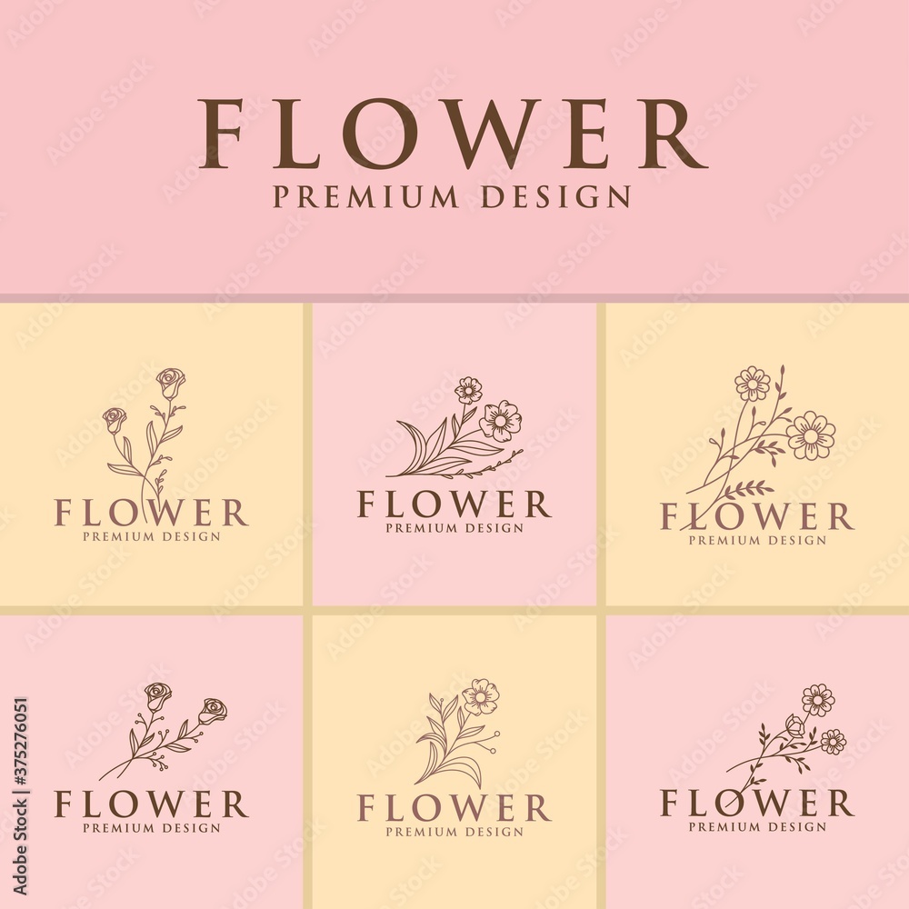 Flower set line logo icon vector template.