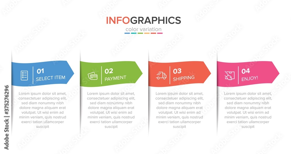 Concept of shopping process with 4 successive steps. Four colorful graphic elements. Timeline design for brochure, presentation, web site. Infographic design layout. Concept of shopping process with 4 successive steps. Four colorful graphic elements. Timeline design for brochure, presentation, web site. Infographic design layout.