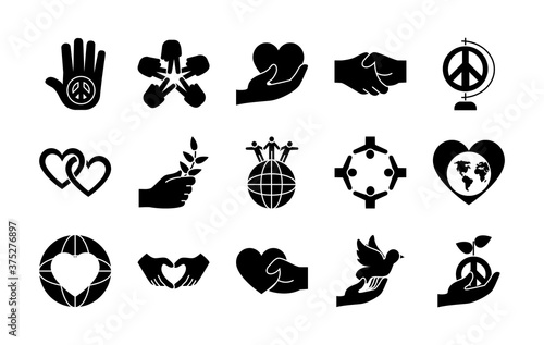 icon set of peace and hearts, silhouette style