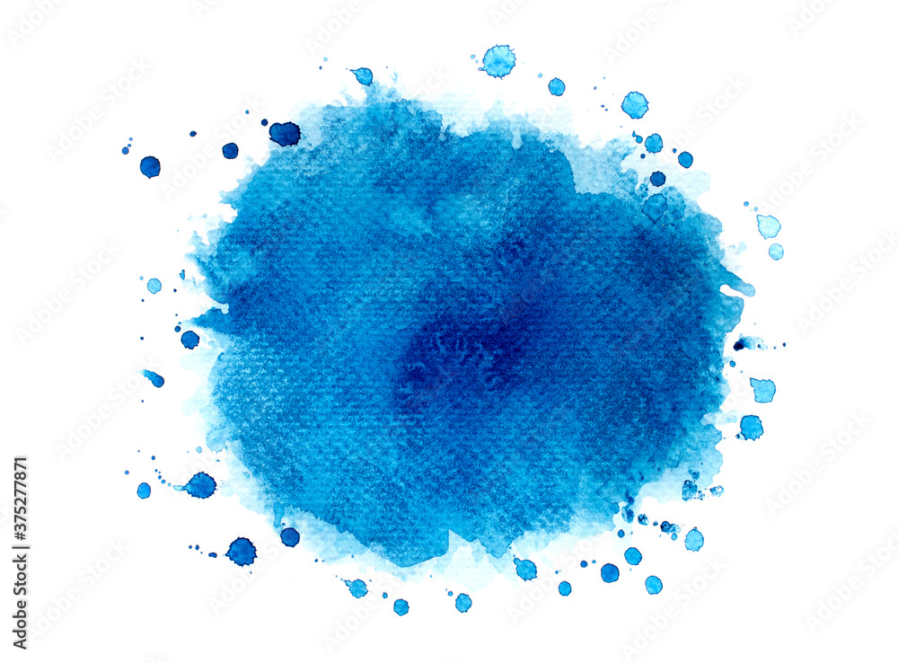 blue watercolor paint of splashes on white paper.