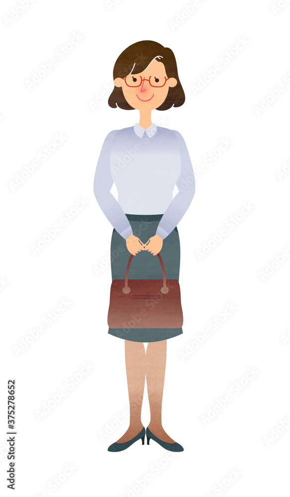 Fototapeta premium カバンを前に持って立つスーツ姿のメガネの女性