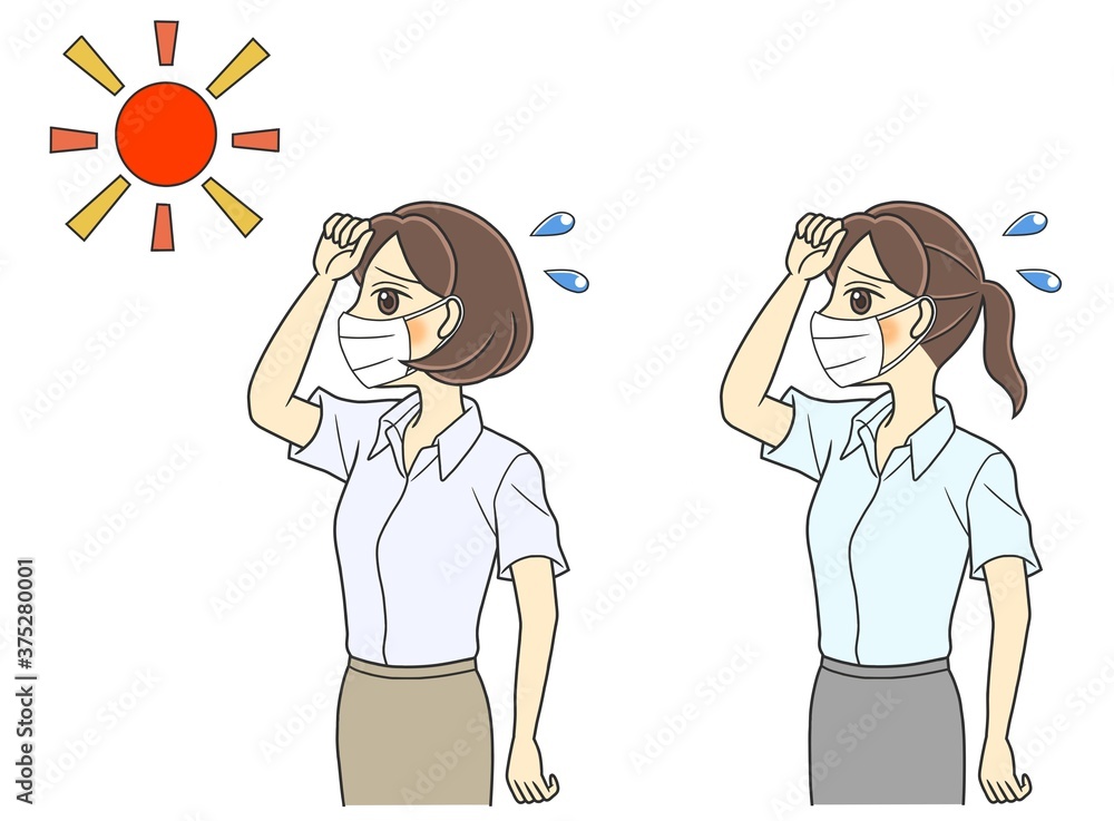 young women with masks suffering from summer heat young women with masks suffering from summer heat
