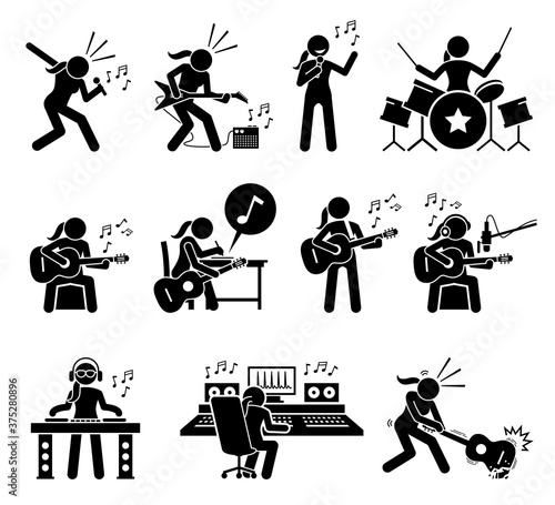 Female music artist singing song and playing musical instruments stick figure icons. Vector illustrations of woman playing guitar, drum, and writing songs. The girl is a deejay and music producer.