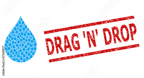 Recursion composition drop and Drag 'N' Drop grunge stamp seal. Vector mosaic is created from random drop parts. Stamp seal includes Drag 'N' Drop tag between parallel lines.