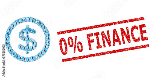 Recursion mosaic finance and 0% Finance unclean seal. Vector mosaic is created of randomized finance elements. Seal includes 0% Finance title between parallel lines.