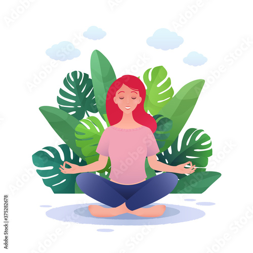 Young beautiful woman practicing yoga in lotus pose outdoor in park cartoon flat. Meditation and state of mind concept vector illustration 