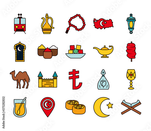 icon set of turkey country and turkish tramway, line and fill style