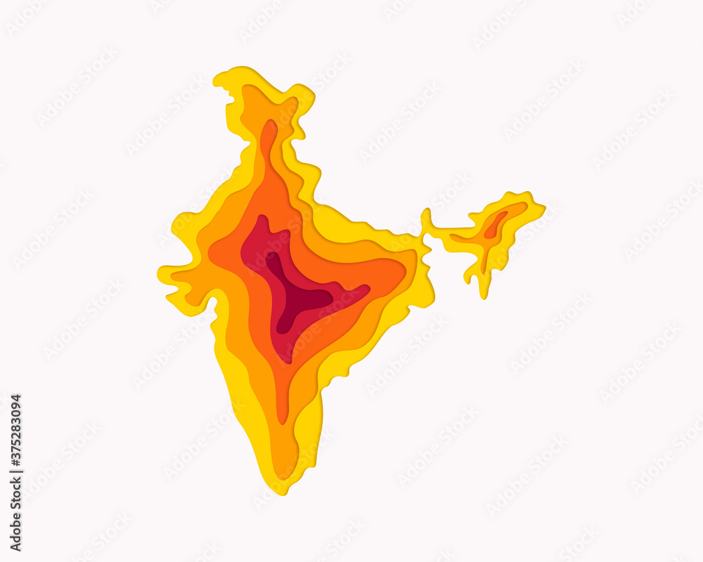 Obraz premium Country outline of India, yellow, orange and maroon paper cut out effect, illustration
