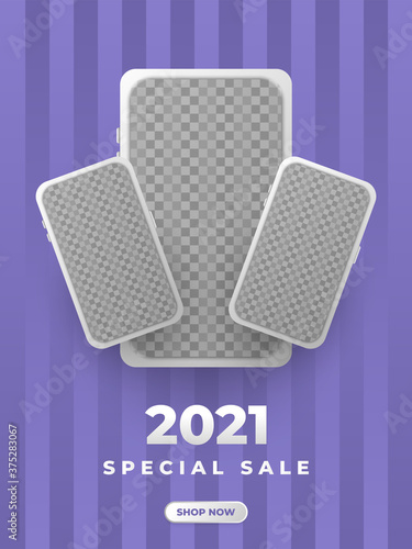 New year 2021 sale promotion banner template with smartphone and striped background