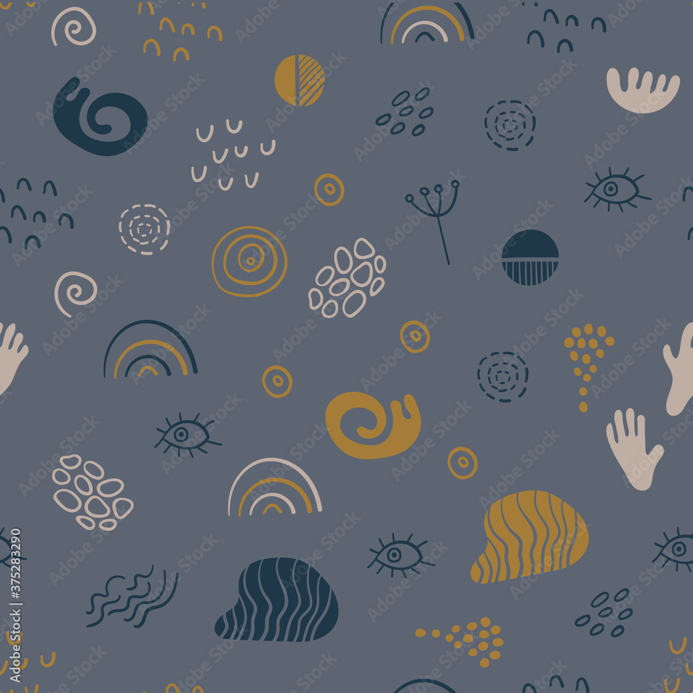 Abstract seamless pattern with simple hand drawn shapes on gray background. Vector illustration.