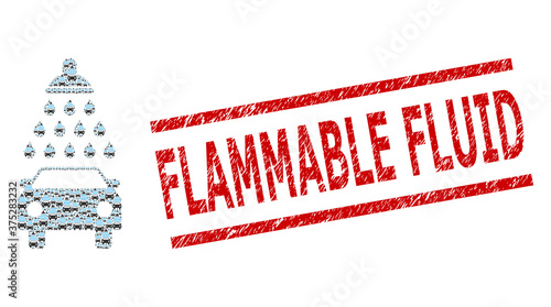 Fractal mosaic car shower and Flammable Fluid unclean stamp imitation. Vector mosaic is formed of scattered car shower parts. Stamp includes Flammable Fluid title between parallel lines.
