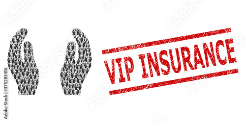 Recursive collage care hands and Vip Insurance grunge stamp imitation. Vector collage is done from recursive care hands parts. Seal includes Vip Insurance text between parallel lines.