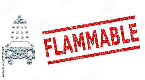 Recursion mosaic car wash and Flammable corroded stamp. Vector mosaic is done with random car wash icons. Stamp includes Flammable text between parallel lines.