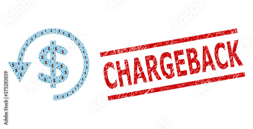 Recursive collage chargeback and Chargeback scratched stamp seal. Vector collage is composed of repeating chargeback icons. Stamp seal includes Chargeback caption between parallel lines.