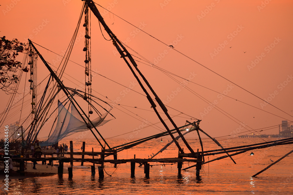 Chinese fishing net in Kerala backwaters.	