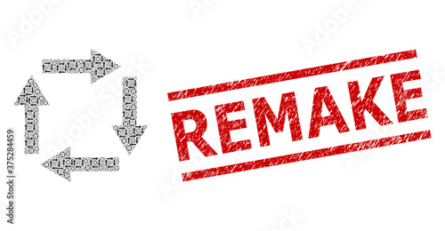 Recursive collage circulation arrows and Remake corroded stamp. Vector collage is organized of recursive circulation arrows items. Stamp includes Remake tag between parallel lines.
