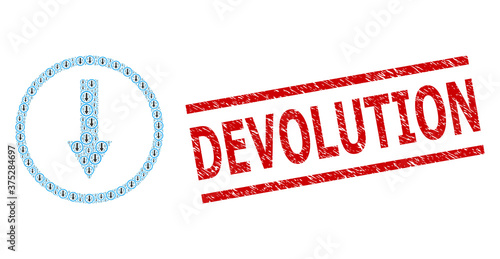 Recursive combination down rounded arrow and Devolution scratched stamp seal. Vector mosaic is constructed with randomized down rounded arrow items.