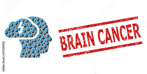 Recursion combination brainstorming and Brain Cancer corroded stamp seal. Vector collage is composed from repeating brainstorming items. Stamp seal includes Brain Cancer text between parallel lines.