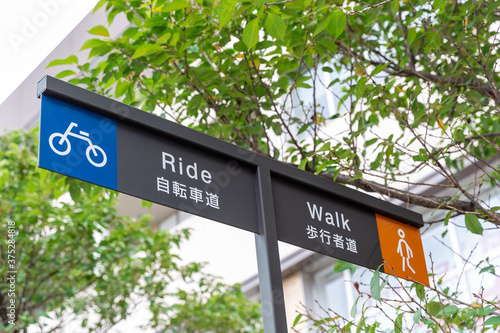 自転車道と歩行者の道の看板