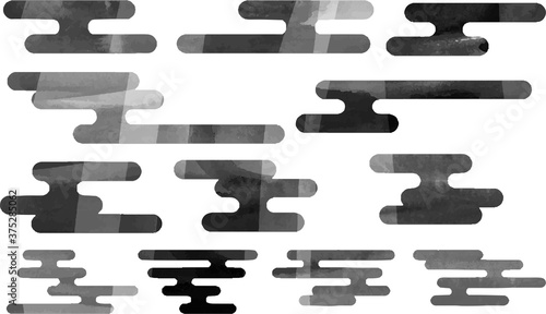 Monochrome Watercolor style Japanese style deformed cloud silhouette set