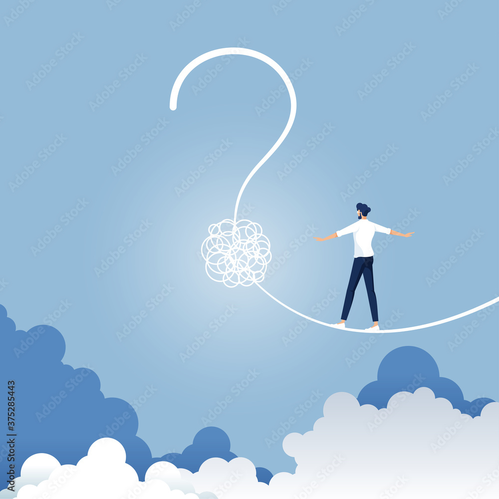 Metaphor for confusion as a business and finding solutions, Businessman walking on a tight rope shaped as a question mark, Risk uncertainty and planning a new journey Metaphor for confusion as a business and finding solutions, Businessman walking on a tight rope shaped as a question mark, Risk uncertainty and planning a new journey