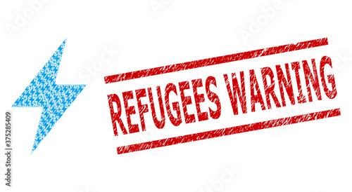Recursive mosaic electric strike and Refugees Warning textured stamp seal. Vector collage is formed from random electric strike parts.