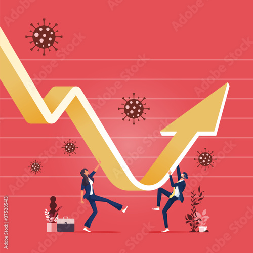 Economic recovery concept, Economic recovery after Coronavirus COVID-19 crash concept, Business team recover and restore with graph and chart with virus pathogen