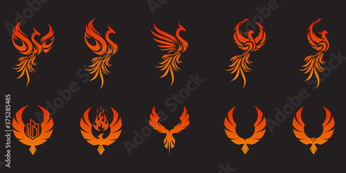 Set of Phoenix Flying Fire Bird abstract Logo design vector template. Dove Eagle Logotype concept icon