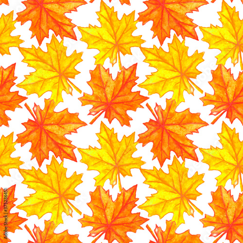 Watercolor autumn maple leaves seamless pattern. Colorful fall background and texture