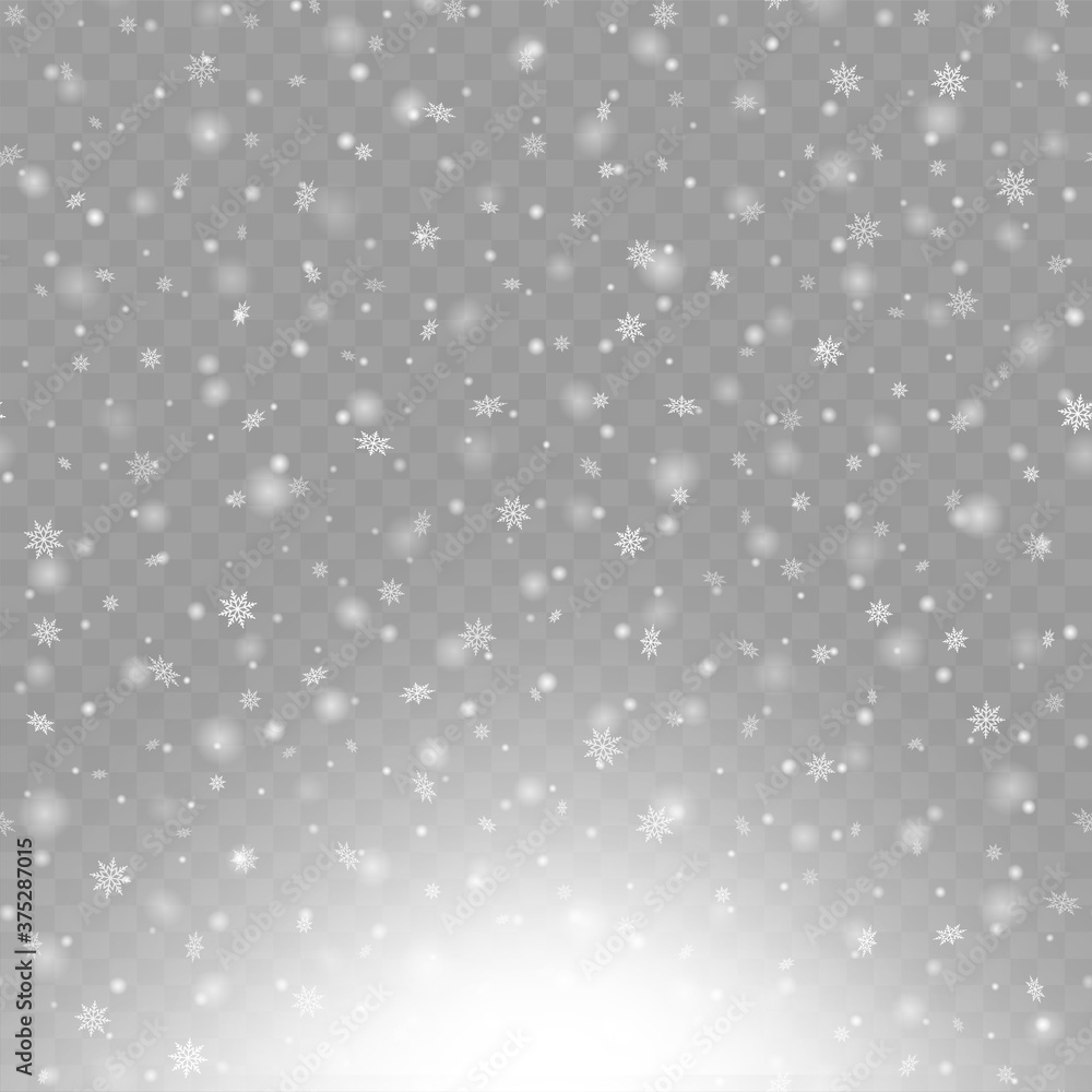 Christmas background with falling snowflakes on transparent background. Vector.