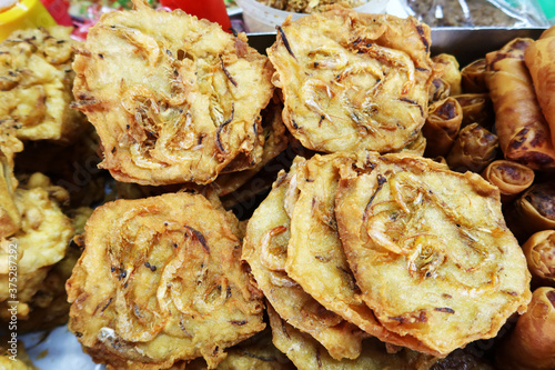 Georgetown, Penang, Malaysia, January 4, 2020: Prawn cakes at Pasar Lebuh Cecil Market in Georgetown, Malaysia. photo