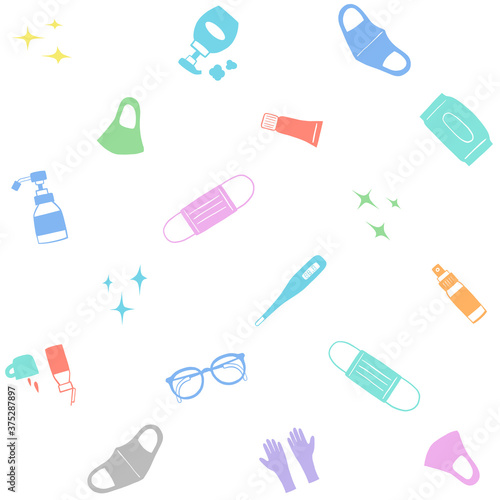 Seamless pattern llustration of Medical mask, sanitizer bottles, sanitizer spray,washing gel, soap, gloves, glasses, Mouthwash, Thermometer.