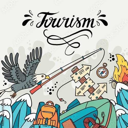 Vector colorful illusration on the theme of tourism and travel. Cartoon symbols of camping equipment and wild nature