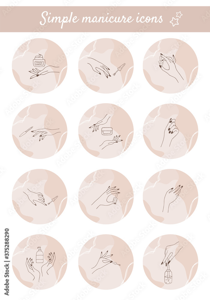 Female manicured hands. Set of highlight covers for social media. Vector Illustration of Elegant female fingers in a trendy lineart style. Beauty logo for nail studio or spa salon.